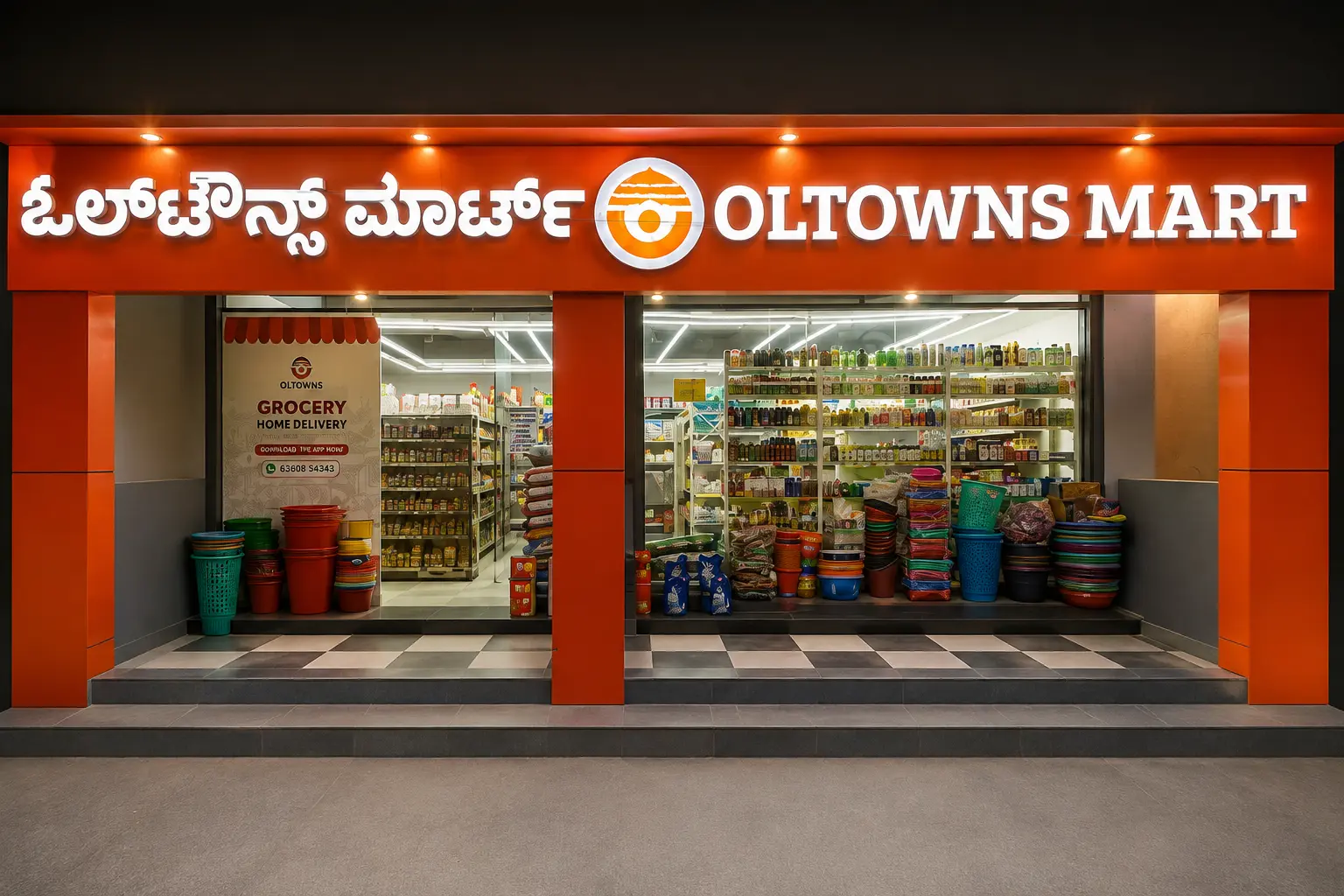 OLTOWNS Mart supermarket storefront in a Karnataka town